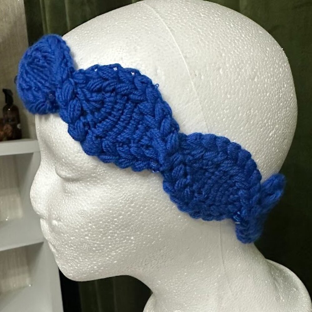 Blue Knitted Headband Hair Band with Beads